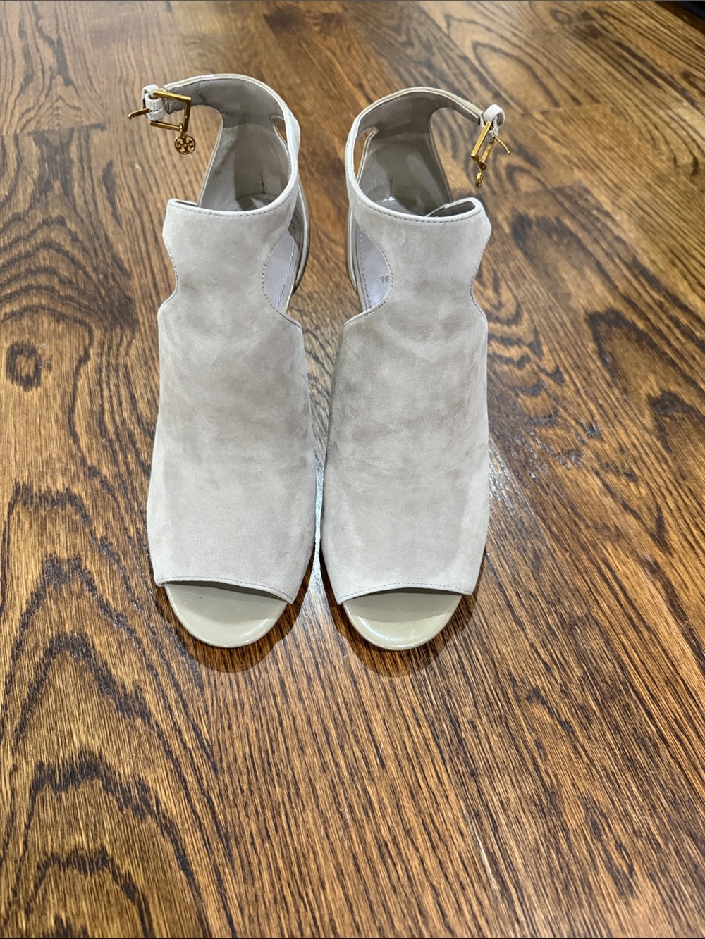 Tory Burch Light Beige Suede Open-Toe Ankle Strap Heels